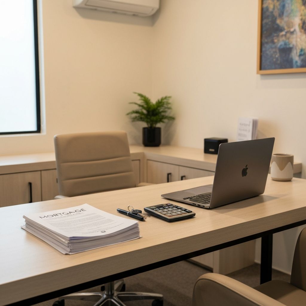 Professional mortgage consultation office with documents and house keys on a desk